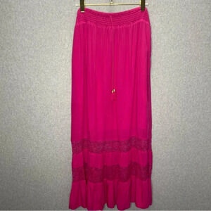 Chico’s Pink Cottagecore Modest Lace Tiered Elastic Drawstring Waist Maxi Skirt